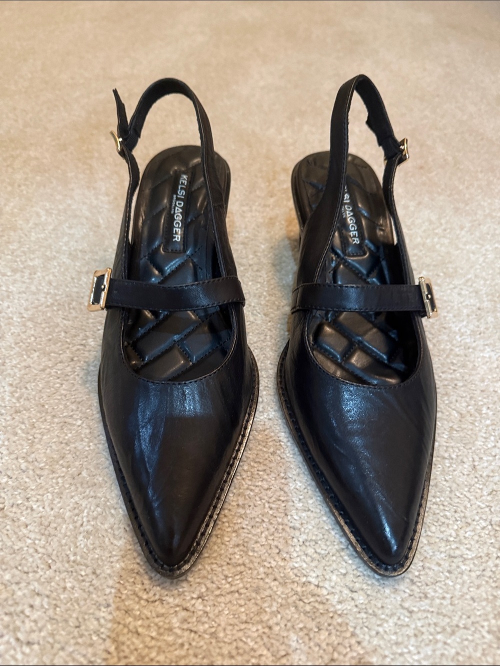 Kelsi Dagger Black Pointed Slingback Pumps with Buckle Strap